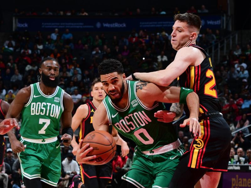 ATLANTA, GA - MARCH 28: Jayson Tatum #0 of the Boston Celtics dribbles the ball during the game against the Atlanta Hawks on March 28, 2024 at State Farm Arena in Atlanta, Georgia.  NOTE TO USER: User expressly acknowledges and agrees that, by downloading and/or using this Photograph, user is consenting to the terms and conditions of the Getty Images License Agreement. Mandatory Copyright Notice: Copyright 2024 NBAE (Photo by Scott Cunningham/NBAE via Getty Images)