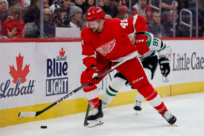 Jan 23, 2024; Detroit, Michigan, USA;  Detroit Red Wings defenseman Jeff Petry (46) skates with the puck in the third period against the Dallas Stars at Little Caesars Arena. Mandatory Credit: Rick Osentoski-USA TODAY Sports