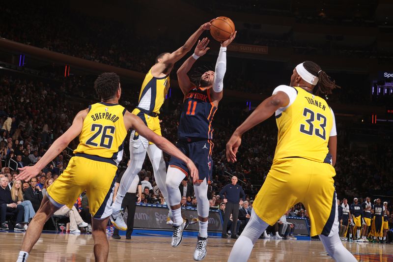 NEW YORK, NY - FEBRUARY 1: Tyrese Haliburton #0 of the Indiana Pacers blocks a shot during the game against the New York Knicks on February 1, 2024 at Madison Square Garden in New York City, New York.  NOTE TO USER: User expressly acknowledges and agrees that, by downloading and or using this photograph, User is consenting to the terms and conditions of the Getty Images License Agreement. Mandatory Copyright Notice: Copyright 2024 NBAE  (Photo by Nathaniel S. Butler/NBAE via Getty Images)