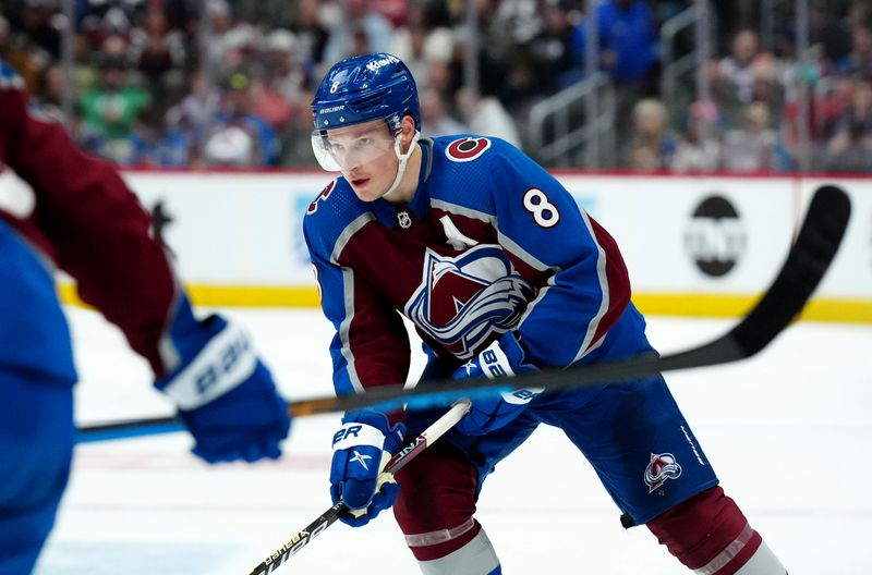 Mar 6, 2024; Denver, Colorado, USA; Colorado Avalanche defenseman Cale Makar (8) during the second period against the Colorado Avalanche at Ball Arena. Mandatory Credit: Ron Chenoy-USA TODAY Sports