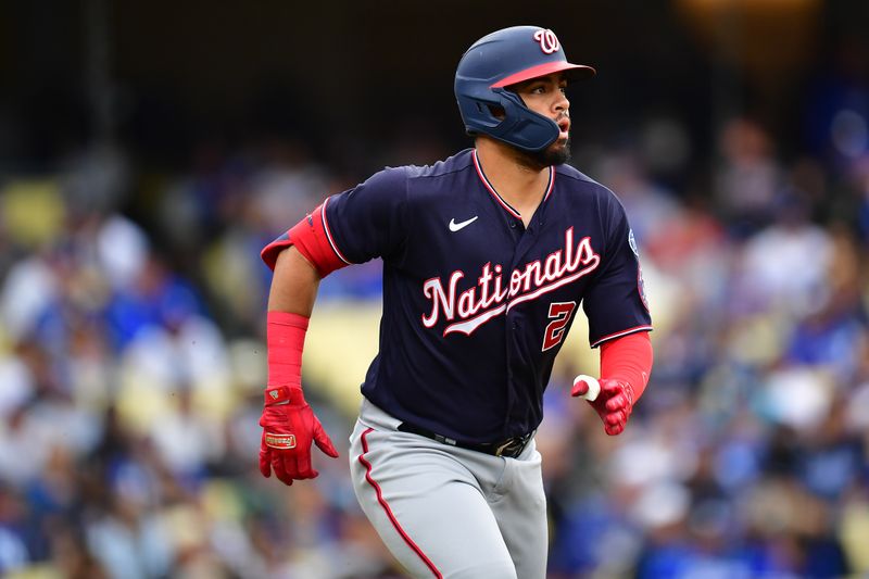 May 31, 2023; Los Angeles, California, USA; Washington Nationals second baseman Luis Garcia (2) runs after hitting a double against the Los Angeles Dodgers during the seventh inning at Dodger Stadium. Mandatory Credit: Gary A. Vasquez-USA TODAY Sports