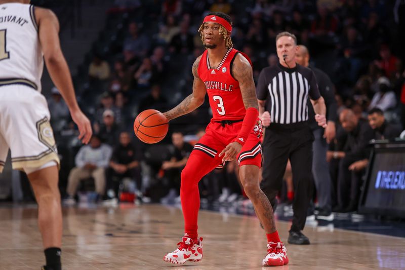 Feb 25, 2023; Atlanta, Georgia, USA; Louisville Cardinals guard El Ellis (3) dribbles against the Georgia Tech Yellow Jackets in the first half at McCamish Pavilion. Mandatory Credit: Brett Davis-USA TODAY Sports