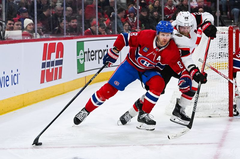 Jan 23, 2024; Montreal, Quebec, CAN; Montreal Canadiens defenseman Mike Matheson (8) plays the puck against Ottawa Senators right wing Claude Giroux (28) during the third period at Bell Centre. Mandatory Credit: David Kirouac-USA TODAY Sports