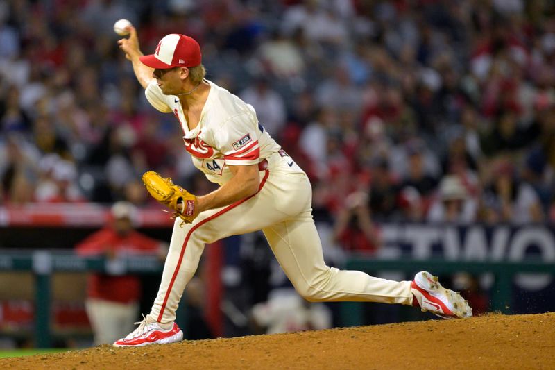 Jul 13, 2024; Anaheim, California, USA;  Ben Joyce #44 of the Los Angeles Angels delivers in the eighth inning against the Seattle Mariners at Angel Stadium. Mandatory Credit: Jayne Kamin-Oncea-USA TODAY Sports