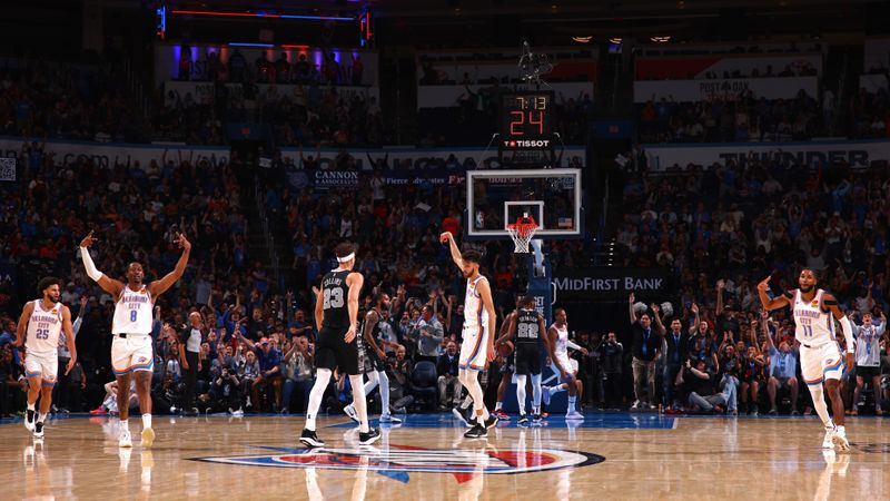 OKLAHOMA CITY, OK - OCTOBER 30: Chet Holmgren #7 of the Oklahoma City Thunder celebrates three point basket during the game against the San Antonio Spurs on October 30, 2024 at Paycom Arena in Oklahoma City, Oklahoma. NOTE TO USER: User expressly acknowledges and agrees that, by downloading and or using this photograph, User is consenting to the terms and conditions of the Getty Images License Agreement. Mandatory Copyright Notice: Copyright 2024 NBAE (Photo by Zach Beeker/NBAE via Getty Images)