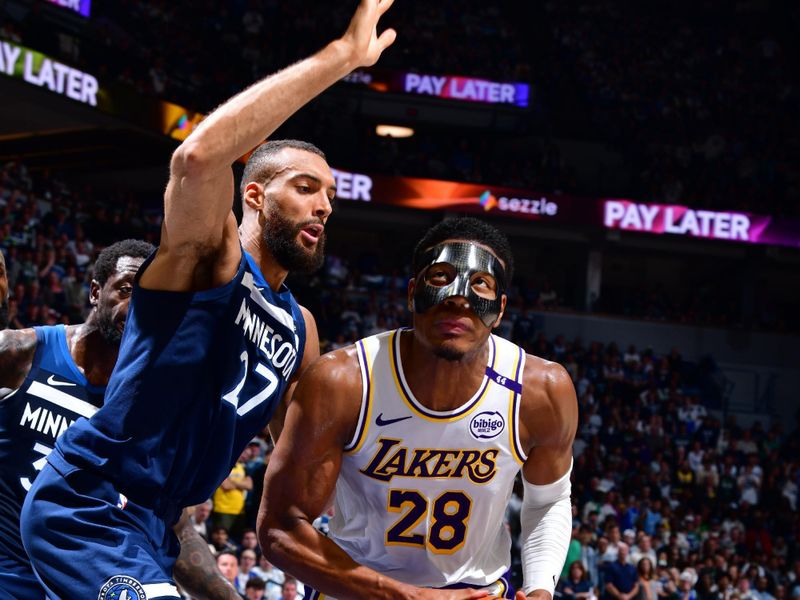 MINNEAPOLIS, MN -  APRIL 27:  Rui Hachimura #28 of the Los Angeles Lakers handles the ball during the game against the Minnesota Timberwolves during Round 1 Game 4 of the 2025 NBA Playoffs on April 27, 2025 at Target Center in Minneapolis, Minnesota. NOTE TO USER: User expressly acknowledges and agrees that, by downloading and or using this Photograph, user is consenting to the terms and conditions of the Getty Images License Agreement. Mandatory Copyright Notice: Copyright 2025 NBAE (Photo by Barry Gossage/NBAE via Getty Images)