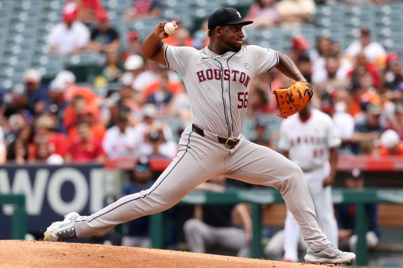 Sep 15, 2024; Anaheim, California, USA;  Houston Astros starting pitcher Ronel Blanco (56) pitches during the third inning against the Los Angeles Angels at Angel Stadium. Mandatory Credit: Kiyoshi Mio-Imagn Images