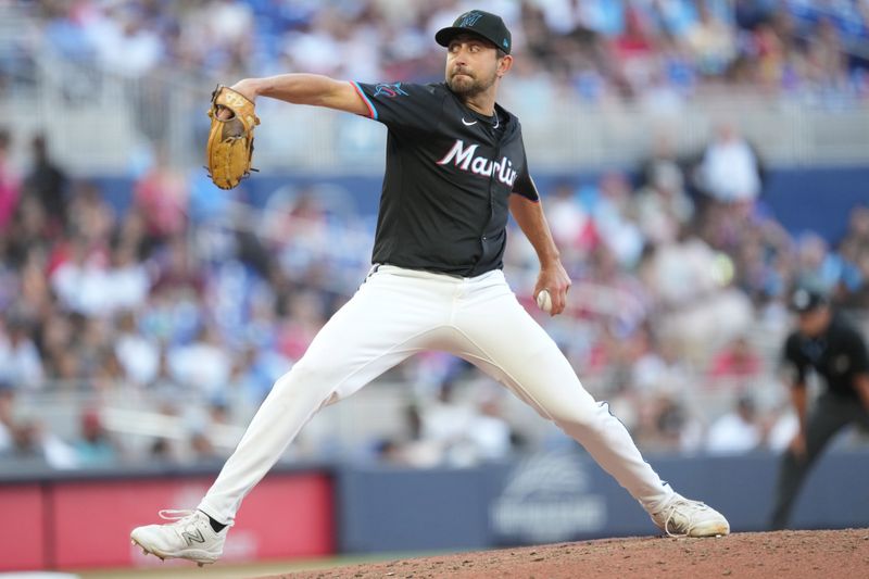 Apr 12, 2025; Miami, Florida, USA;  Miami Marlins pitcher Anthony Veneziano (59) pitches in the seventh inning against the Washington Nationals at loanDepot Park. Mandatory Credit: Jim Rassol-Imagn Images
