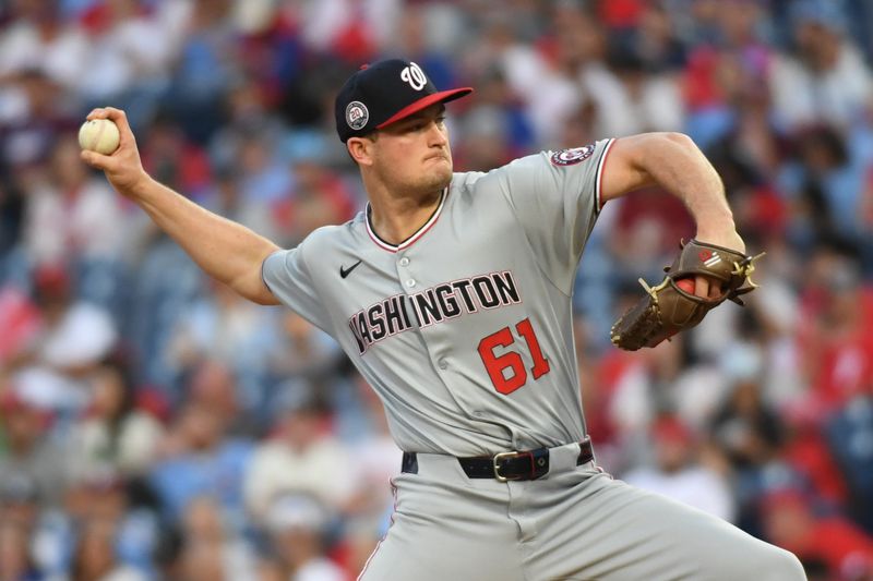 May 1, 2025; Philadelphia, Pennsylvania, USA; Washington Nationals pitcher Brad Lord (61) throws a pitch against the Philadelphia Phillies during the second inning at Citizens Bank Park. Mandatory Credit: Eric Hartline-Imagn Images