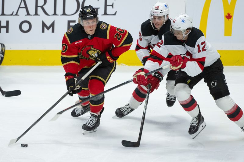 Dec 9, 2025; Ottawa, Ontario, CAN; Ottawa Senators left wing Fabian Zetterlund (20) moves the puck away from New Jersey Devils defenseman Colton White (45) and center Cody Glass (12) in the third period at the Canadian Tire Centre. Mandatory Credit: Marc DesRosiers-IMAGN Images