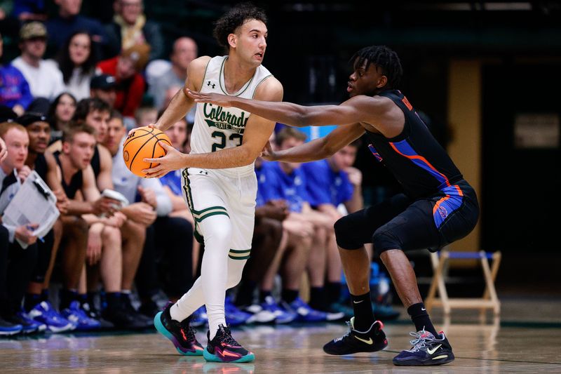 Feb 15, 2023; Fort Collins, Colorado, USA; Colorado State Rams guard Isaiah Rivera (23) controls the ball as Boise State Broncos guard Sadraque NgaNga (1) guards in the first half at Moby Arena. Mandatory Credit: Isaiah J. Downing-USA TODAY Sports