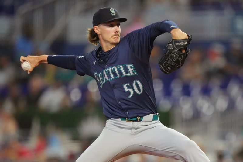 Jun 23, 2024; Miami, Florida, USA;  Seattle Mariners starting pitcher Bryce Miller (50) pitches in the first inning against the Miami Marlins at loanDepot Park. Mandatory Credit: Jim Rassol-USA TODAY Sports