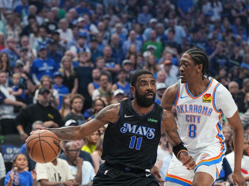 DALLAS, TX - MAY 18:  Kyrie Irving #11 of the Dallas Mavericks goes to the basket during the game against the Oklahoma City Thunder during Round 2 Game 6 of the 2024 NBA Playoffs  on May 18, 2024  at the American Airlines Center in Dallas, Texas. NOTE TO USER: User expressly acknowledges and agrees that, by downloading and or using this photograph, User is consenting to the terms and conditions of the Getty Images License Agreement. Mandatory Copyright Notice: Copyright 2024 NBAE (Photo by Glenn James/NBAE via Getty Images)