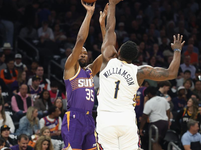 PHOENIX, ARIZONA - FEBRUARY 27: Kevin Durant #35 of the Phoenix Suns attempts a three-point shot over Zion Williamson #1 of the New Orleans Pelicans during the first half of the NBA game at Footprint Center on February 27, 2025 in Phoenix, Arizona. NOTE TO USER: User expressly acknowledges and agrees that, by downloading and or using this photograph, User is consenting to the terms and conditions of the Getty Images License Agreement.  (Photo by Christian Petersen/Getty Images)