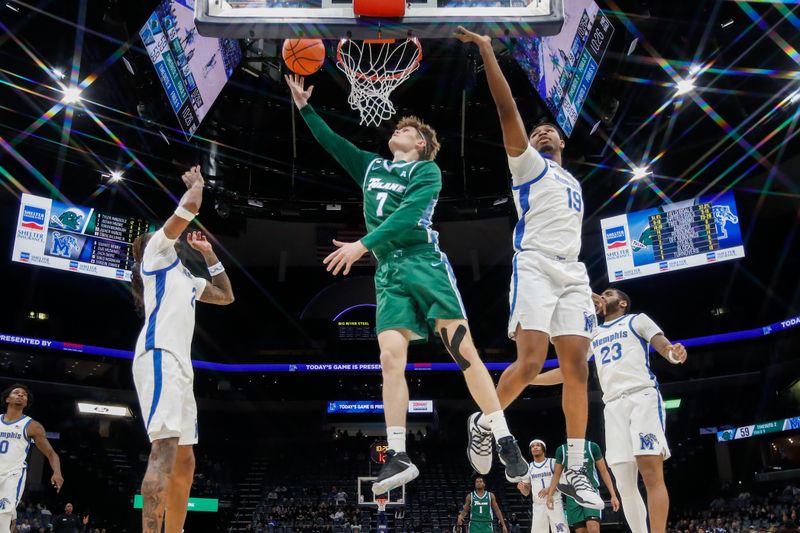 Feb 1, 2026; Memphis, Tennessee, USA; Tulane Green Wave guard Rowan Brumbaugh (7) shoots the ball against the Memphis Tigers during the second half at FedExForum. Mandatory Credit: Wesley Hale-Imagn Images