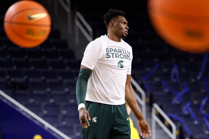 Feb 18, 2023; Ann Arbor, Michigan, USA;  Michigan State Spartans center Mady Sissoko (22) warms up before a game against the Michigan Wolverines at Crisler Center. Mandatory Credit: Rick Osentoski-USA TODAY Sports