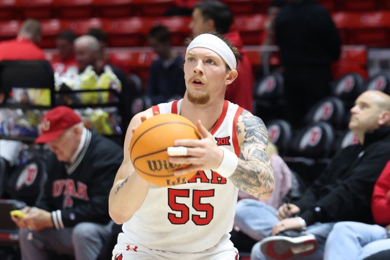 Mar 4, 2025; Salt Lake City, Utah, USA; Utah Utes guard Gabe Madsen warms up before the game against the West Virginia Mountaineers at Jon M. Huntsman Center. Mandatory Credit: Rob Gray-Imagn Images