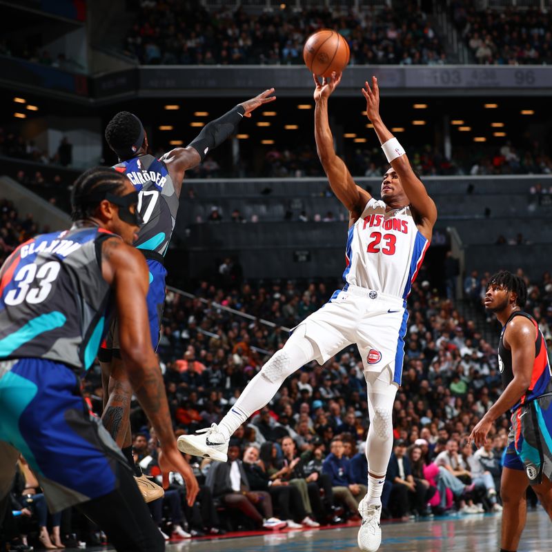 BROOKLYN, NY - APRIL 6: Jaden Ivey #23 of the Detroit Pistons shoots the ball during the game against the Brooklyn Nets on April 6, 2024 at Barclays Center in Brooklyn, New York. NOTE TO USER: User expressly acknowledges and agrees that, by downloading and or using this Photograph, user is consenting to the terms and conditions of the Getty Images License Agreement. Mandatory Copyright Notice: Copyright 2024 NBAE (Photo by David L. Nemec/NBAE via Getty Images)