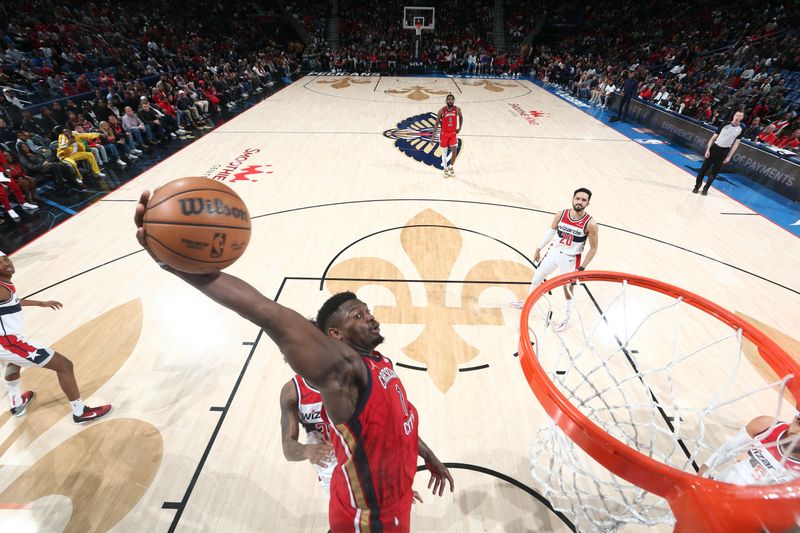 NEW ORLEANS, LA - FEBRUARY 14: Zion Williamson #1 of the New Orleans Pelicans handles the ball during the game against the Washington Wizards on February 14, 2024 at the Smoothie King Center in New Orleans, Louisiana. NOTE TO USER: User expressly acknowledges and agrees that, by downloading and or using this Photograph, user is consenting to the terms and conditions of the Getty Images License Agreement. Mandatory Copyright Notice: Copyright 2024 NBAE (Photo by Layne Murdoch Jr./NBAE via Getty Images)