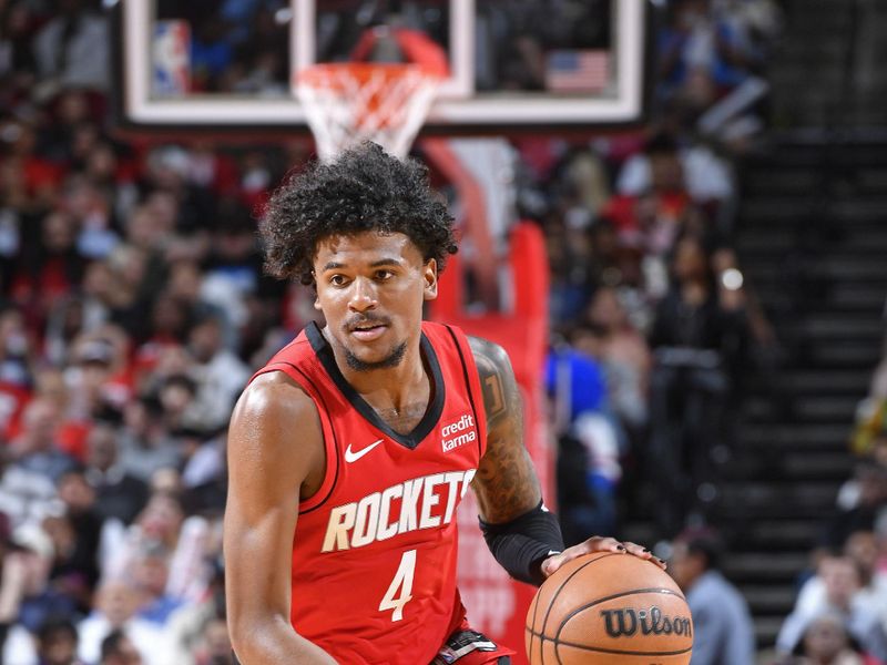 HOUSTON, TX - MARCH 6: Jalen Green #4 of the Houston Rockets looks on during the game against the LA Clippers on March 6, 2024 at the Toyota Center in Houston, Texas. NOTE TO USER: User expressly acknowledges and agrees that, by downloading and or using this photograph, User is consenting to the terms and conditions of the Getty Images License Agreement. Mandatory Copyright Notice: Copyright 2024 NBAE (Photo by Logan Riely/NBAE via Getty Images)