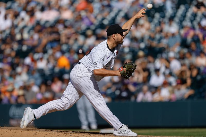 May 27, 2024; Denver, Colorado, USA; Colorado Rockies relief pitcher Jalen Beeks (68) pitches in the ninth inning against the Cleveland Guardians at Coors Field. Mandatory Credit: Isaiah J. Downing-USA TODAY Sports