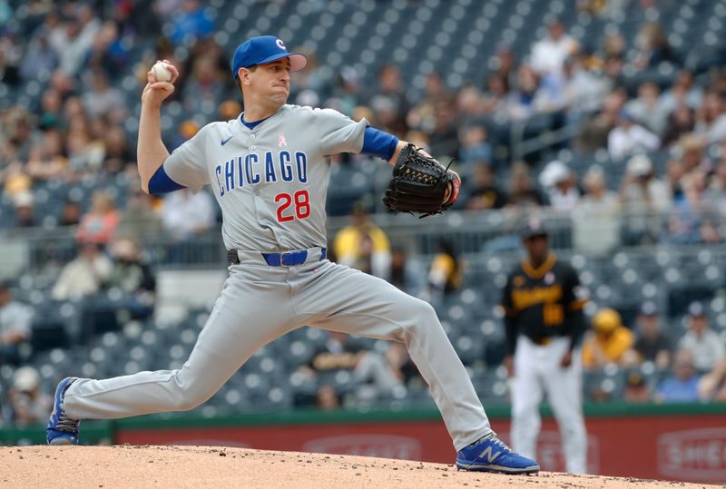 May 12, 2024; Pittsburgh, Pennsylvania, USA;  Chicago Cubs starting pitcher Kyle Hendricks (28) delivers a pitch against the Pittsburgh Pirates during the first inning at PNC Park. Mandatory Credit: Charles LeClaire-USA TODAY Sports