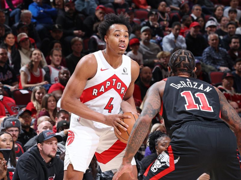 CHICAGO, IL - JANUARY 30: Scottie Barnes #4 of the Toronto Raptors handles the ball during the game against the Chicago Bulls on January 30, 2024 at United Center in Chicago, Illinois. NOTE TO USER: User expressly acknowledges and agrees that, by downloading and or using this photograph, User is consenting to the terms and conditions of the Getty Images License Agreement. Mandatory Copyright Notice: Copyright 2024 NBAE (Photo by Jeff Haynes/NBAE via Getty Images)