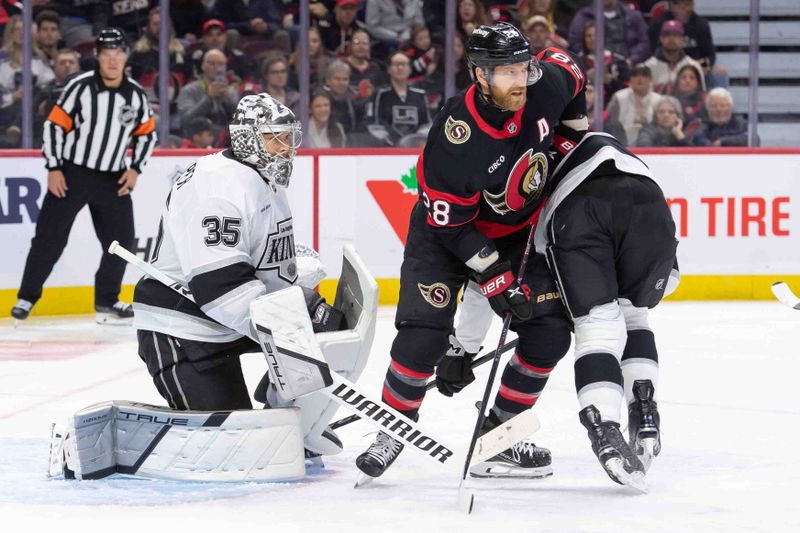 Oct 14, 2024; Ottawa, Ontario, CAN; Ottawa Senators right wing Claude Giroux (28) jockeys for position in front of Los Angeles Kings goalie Darcy Kuemper (35) in the first period at the Canadian Tire Centre. Mandatory Credit: Marc DesRosiers-Imagn Images