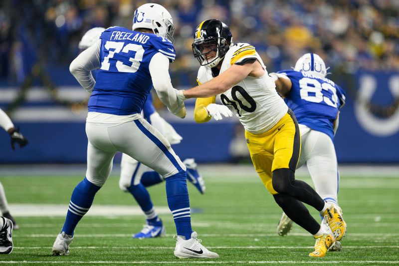 Pittsburgh Steelers linebacker T.J. Watt (90) rushes around the edge against Indianapolis Colts tackle Blake Freeland (73) during an NFL football game, Saturday, Dec. 16, 2023, in Indianapolis. (AP Photo/Zach Bolinger)