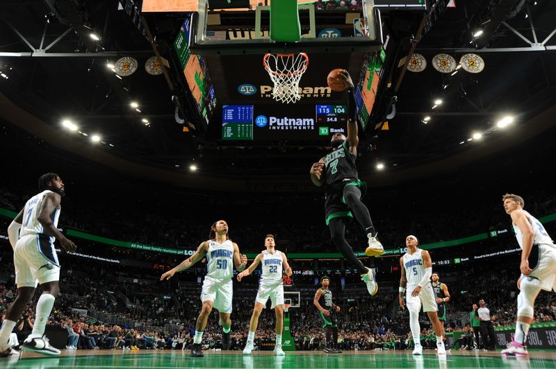 BOSTON, MA - DECEMBER 16: Jaylen Brown #7 of the Boston Celtics drives to the basket during the game against the Orlando Magic on December 16, 2022 at the TD Garden in Boston, Massachusetts.  NOTE TO USER: User expressly acknowledges and agrees that, by downloading and or using this photograph, User is consenting to the terms and conditions of the Getty Images License Agreement. Mandatory Copyright Notice: Copyright 2022 NBAE  (Photo by Brian Babineau/NBAE via Getty Images)