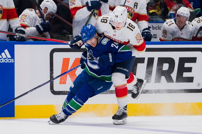 Dec 14, 2023; Vancouver, British Columbia, CAN; Vancouver Canucks forward Pius Suter (24) checks Florida Panthers forward Steven Lorentz (18) in the second period at Rogers Arena. Mandatory Credit: Bob Frid-USA TODAY Sports