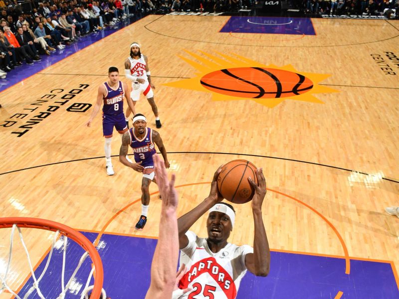 PHOENIX, AZ - MARCH 7: Chris Boucher #25 of the Toronto Raptors shoots the ball during the game against the Phoenix Suns on March 7, 2024 at Footprint Center in Phoenix, Arizona. NOTE TO USER: User expressly acknowledges and agrees that, by downloading and or using this photograph, user is consenting to the terms and conditions of the Getty Images License Agreement. Mandatory Copyright Notice: Copyright 2024 NBAE (Photo by Barry Gossage/NBAE via Getty Images)