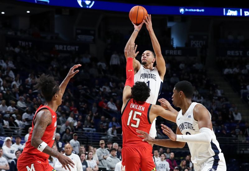 Mar 5, 2023; University Park, Pennsylvania, USA; Penn State Nittany Lions guard Seth Lundy (1) shoots the ball as Maryland Terrapins forward Patrick Emilien (15) defends during the first half at Bryce Jordan Center. Mandatory Credit: Matthew OHaren-USA TODAY Sports