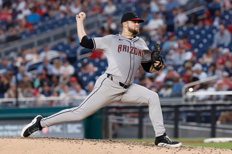 Jun 18, 2024; Washington, District of Columbia, USA; Arizona Diamondbacks pitcher Slade Cecconi (43) pitches against the Washington Nationals during the sixth inning at Nationals Park. Mandatory Credit: Geoff Burke-USA TODAY Sports