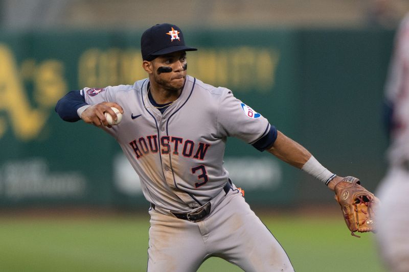 Jul 23, 2024; Oakland, California, USA;  Houston Astros shortstop Jeremy Peña (3) throws the ball during the fifth inning against the Oakland Athletics at Oakland-Alameda County Coliseum. Mandatory Credit: Stan Szeto-USA TODAY Sports