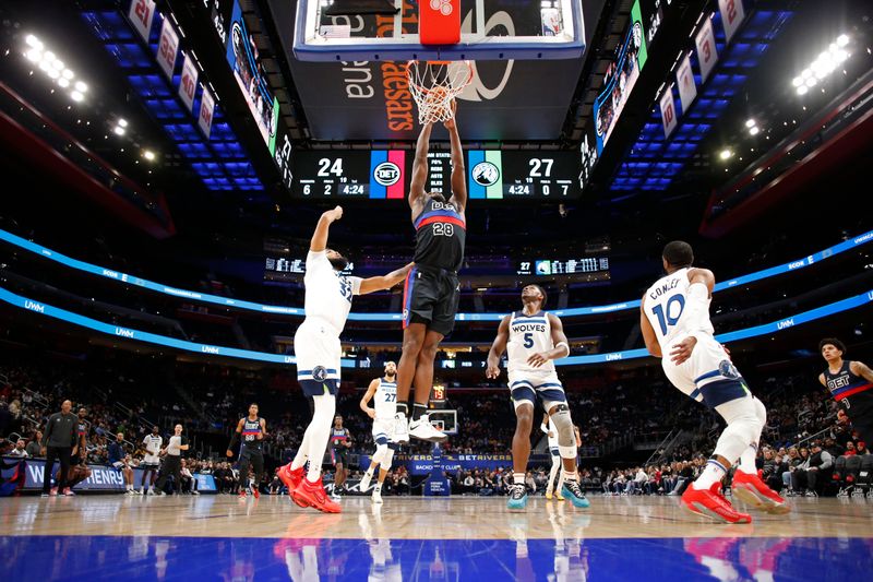 DETROIT, MI - JANUARY 17: Isaiah Stewart #28 of the Detroit Pistons dunks the ball during the game against the Minnesota Timberwolves on January 17, 2024 at Little Caesars Arena in Detroit, Michigan. NOTE TO USER: User expressly acknowledges and agrees that, by downloading and/or using this photograph, User is consenting to the terms and conditions of the Getty Images License Agreement. Mandatory Copyright Notice: Copyright 2024 NBAE (Photo by Brian Sevald/NBAE via Getty Images)