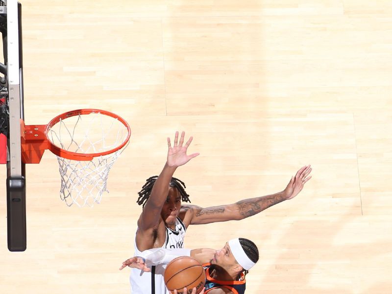 NEW YORK, NY - APRIL 12: Josh Hart #3 of the New York Knicks drives to the basket during the game against the Brooklyn Nets on April 12, 2024 at Madison Square Garden in New York City, New York.  NOTE TO USER: User expressly acknowledges and agrees that, by downloading and or using this photograph, User is consenting to the terms and conditions of the Getty Images License Agreement. Mandatory Copyright Notice: Copyright 2024 NBAE  (Photo by Nathaniel S. Butler/NBAE via Getty Images)