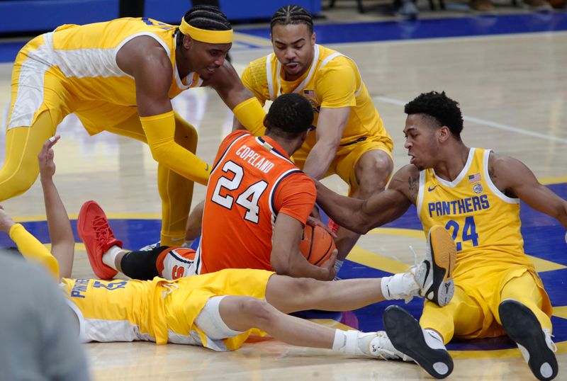 Jan 16, 2024; Pittsburgh, Pennsylvania, USA; Syracuse Orange guard Quadir Copeland (24) is surrounded by Pittsburgh Panthers guard Jaland Lowe (15) and forward Blake Hinson (2) and guard Ishmael Leggett (5) and forward William Jeffress (24) as they fight for a loose ball during the second half at the Petersen Events Center. Syracuse won 69-58. Mandatory Credit: Charles LeClaire-USA TODAY Sports