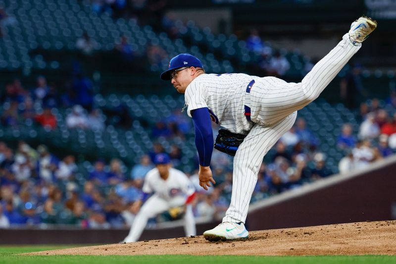 Sep 17, 2024; Chicago, Illinois, USA; Chicago Cubs starting pitcher Jordan Wicks (36) delivers a pitch against the Oakland Athletics during the first inning at Wrigley Field. Mandatory Credit: Kamil Krzaczynski-Imagn Images