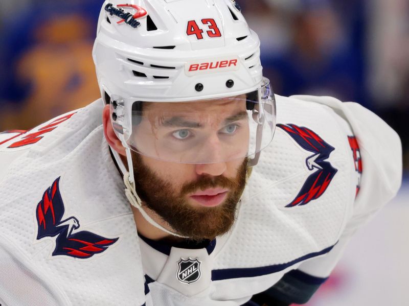 Apr 11, 2024; Buffalo, New York, USA;  Washington Capitals right wing Tom Wilson (43) waits for the face-off during the third period against the Buffalo Sabres at KeyBank Center. Mandatory Credit: Timothy T. Ludwig-USA TODAY Sports