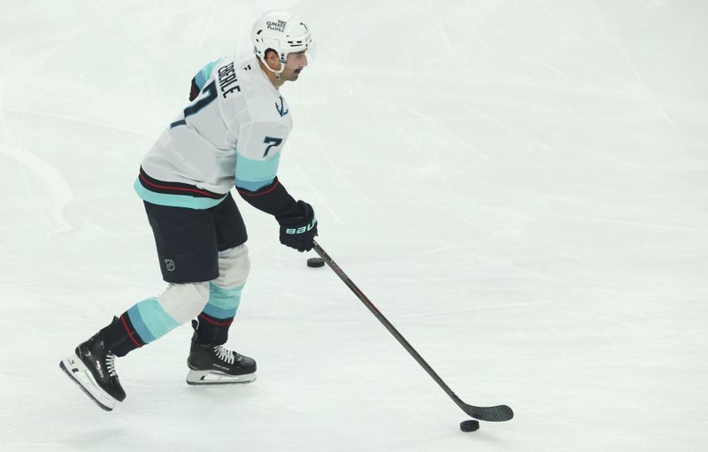 Nov 22, 2025; Pittsburgh, Pennsylvania, USA;  Seattle Kraken right wing Jordan Eberle (7) warms up before the game against the Pittsburgh Penguins at PPG Paints Arena. Mandatory Credit: Charles LeClaire-Imagn Images