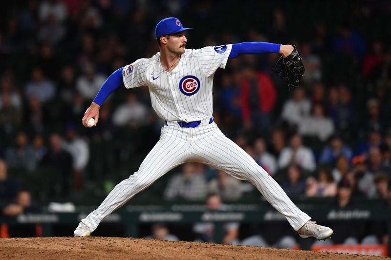 Aug 21, 2024; Chicago, Illinois, USA; Chicago Cubs relief pitcher Jack Neely (47) pitches in his MLB debut during the ninth inning against the Detroit Tigers at Wrigley Field. Mandatory Credit: Patrick Gorski-USA TODAY Sports