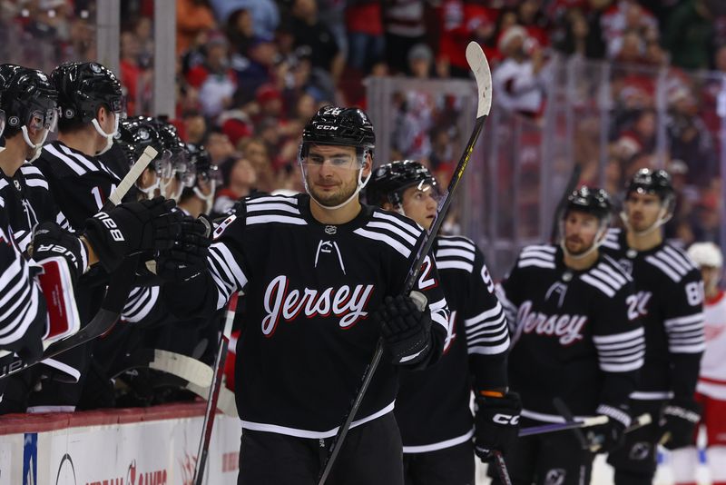 Dec 23, 2023; Newark, New Jersey, USA; New Jersey Devils right wing Timo Meier (28) celebrates his goal against the Detroit Red Wings during the first period at Prudential Center. Mandatory Credit: Ed Mulholland-USA TODAY Sports