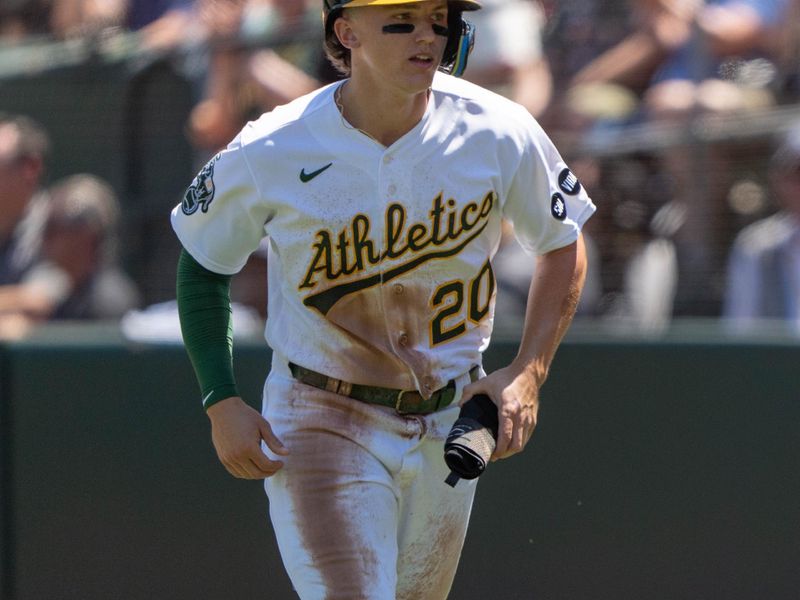 Aug 6, 2023; Oakland, California, USA;  Oakland Athletics second baseman Zack Gelof (20) during the first inning against the San Francisco Giants at Oakland-Alameda County Coliseum. Mandatory Credit: Stan Szeto-USA TODAY Sports