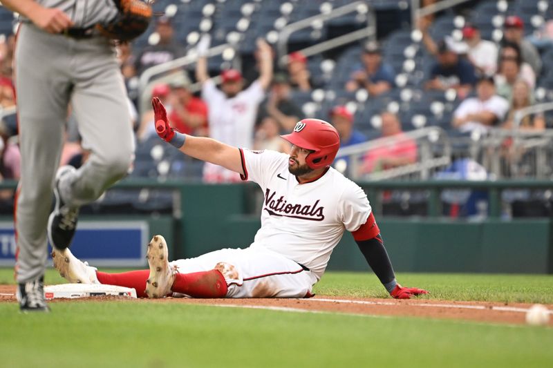 Aug 6, 2024; Washington, District of Columbia, USA; Washington Nationals first baseman Juan Yepez (18) asks for time after a play at first base against the San Francisco Giants during the first inning at Nationals Park. Mandatory Credit: Rafael Suanes-USA TODAY Sports