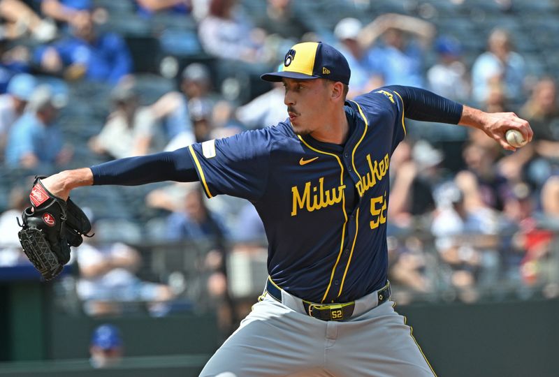 May 8, 2024; Kansas City, Missouri, USA;  Milwaukee Brewers relief pitcher Bryan Hudson (52) delivers a pitch in the sixth inning against the Kansas City Royals at Kauffman Stadium. Mandatory Credit: Peter Aiken-USA TODAY Sports