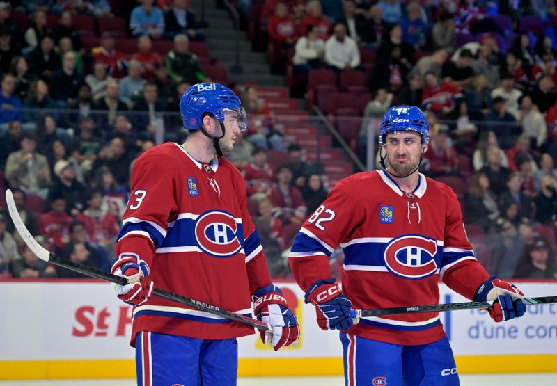 Sep 22, 2025; Montreal, Quebec, CAN; Montreal Canadiens defenseman Noah Dobson (53) and teammate forward Lucas Condotta (82) prepare for a face off against the Pittsburgh Penguins during the first period at the Bell Centre. Mandatory Credit: Eric Bolte-Imagn Images