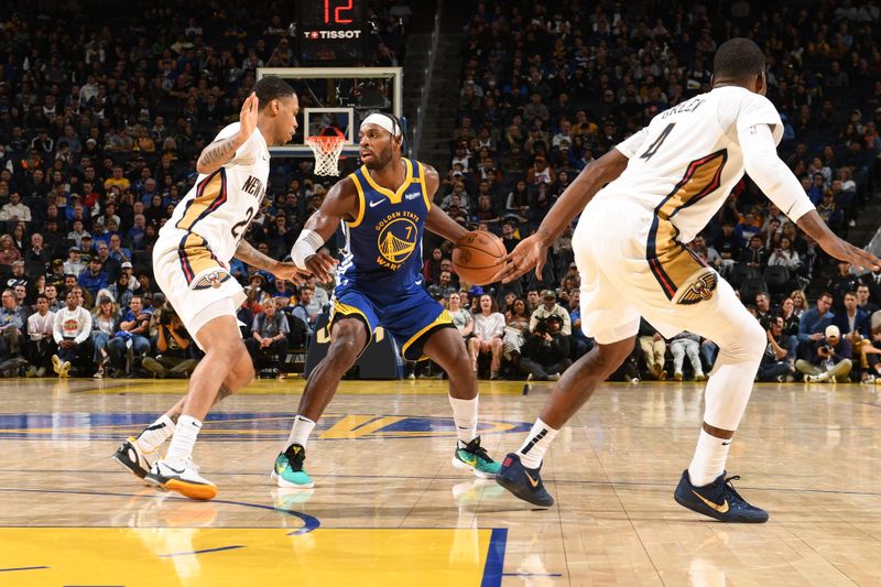 SAN FRANCISCO, CA - OCTOBER 30: Buddy Hield #7 of the Golden State Warriors dribbles the ball during the game against the New Orleans Pelicans on October 30, 2024 at Chase Center in San Francisco, California. NOTE TO USER: User expressly acknowledges and agrees that, by downloading and or using this photograph, user is consenting to the terms and conditions of Getty Images License Agreement. Mandatory Copyright Notice: Copyright 2024 NBAE (Photo by Noah Graham/NBAE via Getty Images)