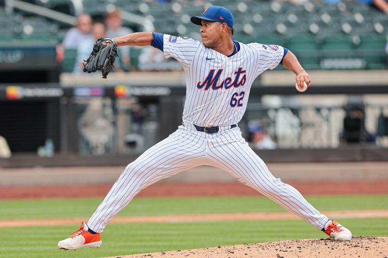 Jul 14, 2024; New York City, New York, USA; New York Mets starting pitcher Jose Quintana (62) delivers a pitch during the second inning against the Colorado Rockies at Citi Field. Mandatory Credit: Vincent Carchietta-USA TODAY Sports