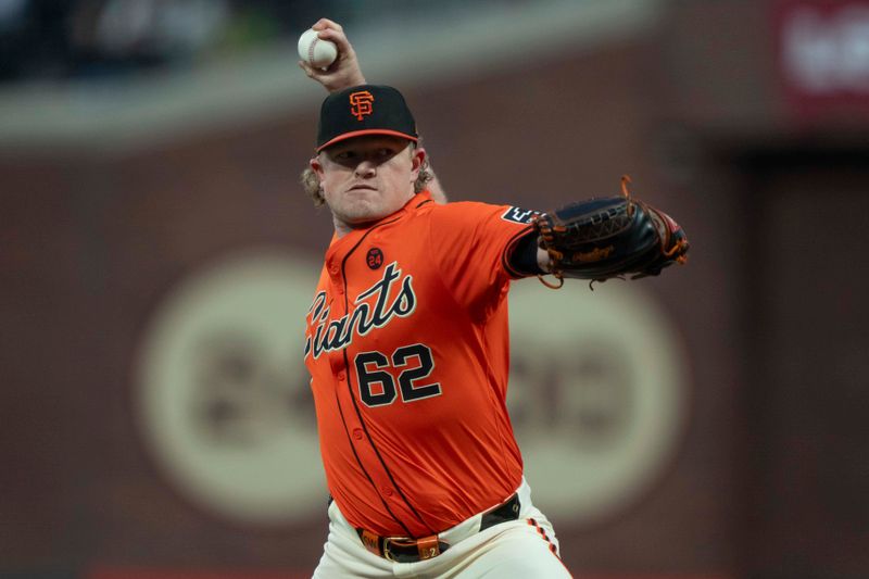 Sep 13, 2024; San Francisco, California, USA;  San Francisco Giants pitcher Logan Webb (62) pitches during the first inning against the San Diego Padres at Oracle Park. Mandatory Credit: Stan Szeto-Imagn Images